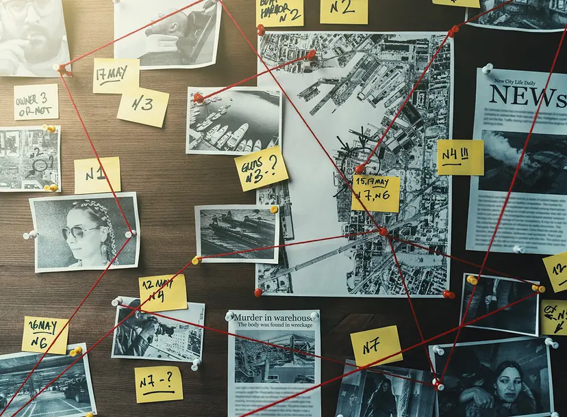 A "murder board" connecting clues in the form of pictures and sticky notes