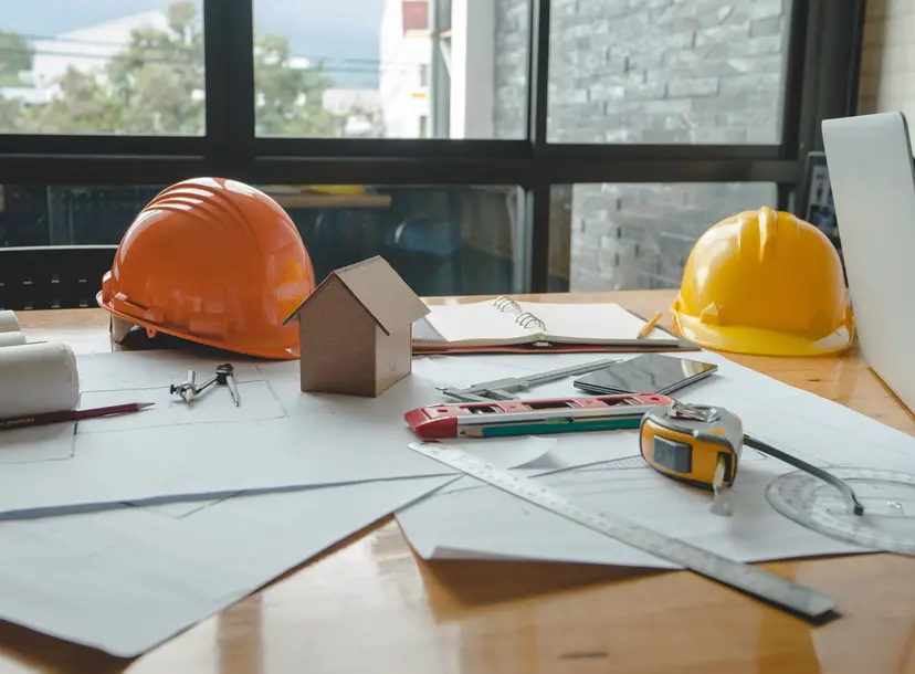 Hard hats and builidng plans scattered across a table