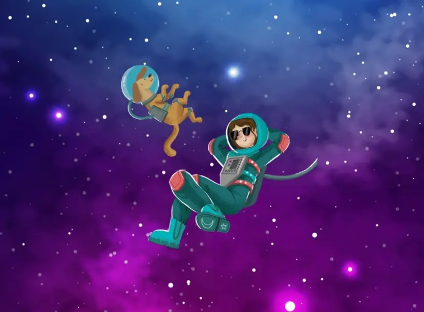 An illustration of a person and dog in space