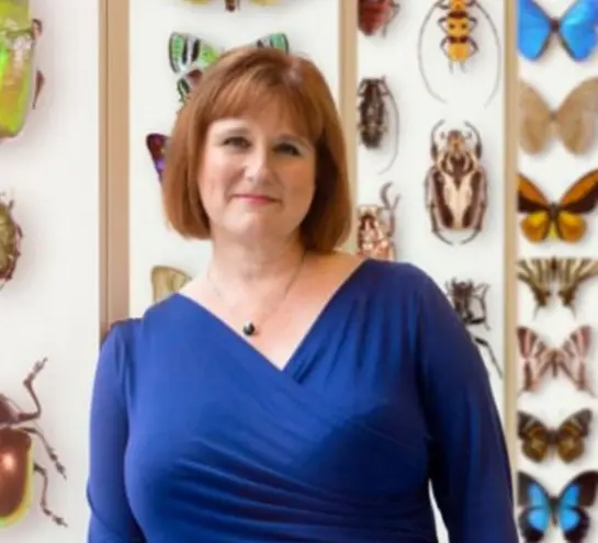 Alison Woollard in a blue drop, standing in front of images of bugs and butterflies