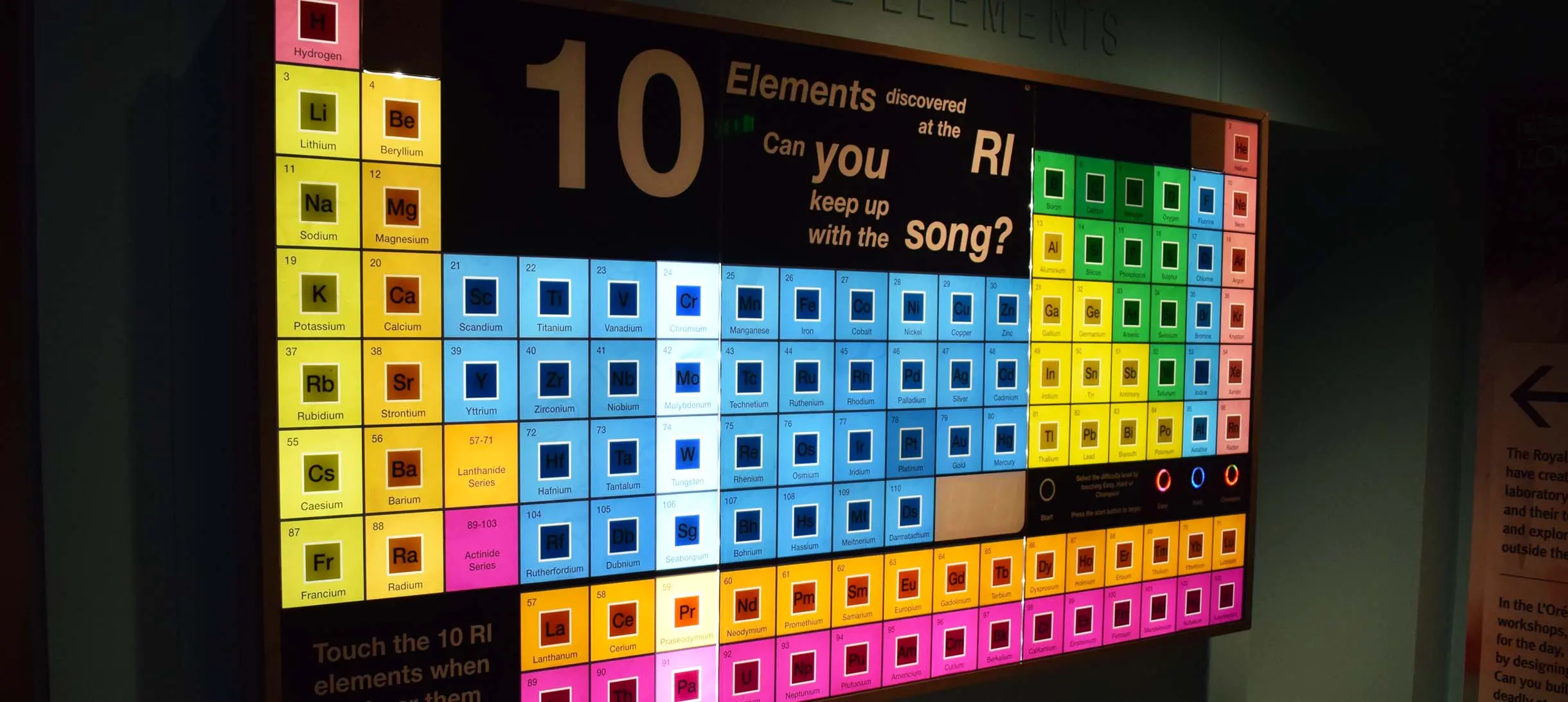 lit up oversized display of the periodic table of elements