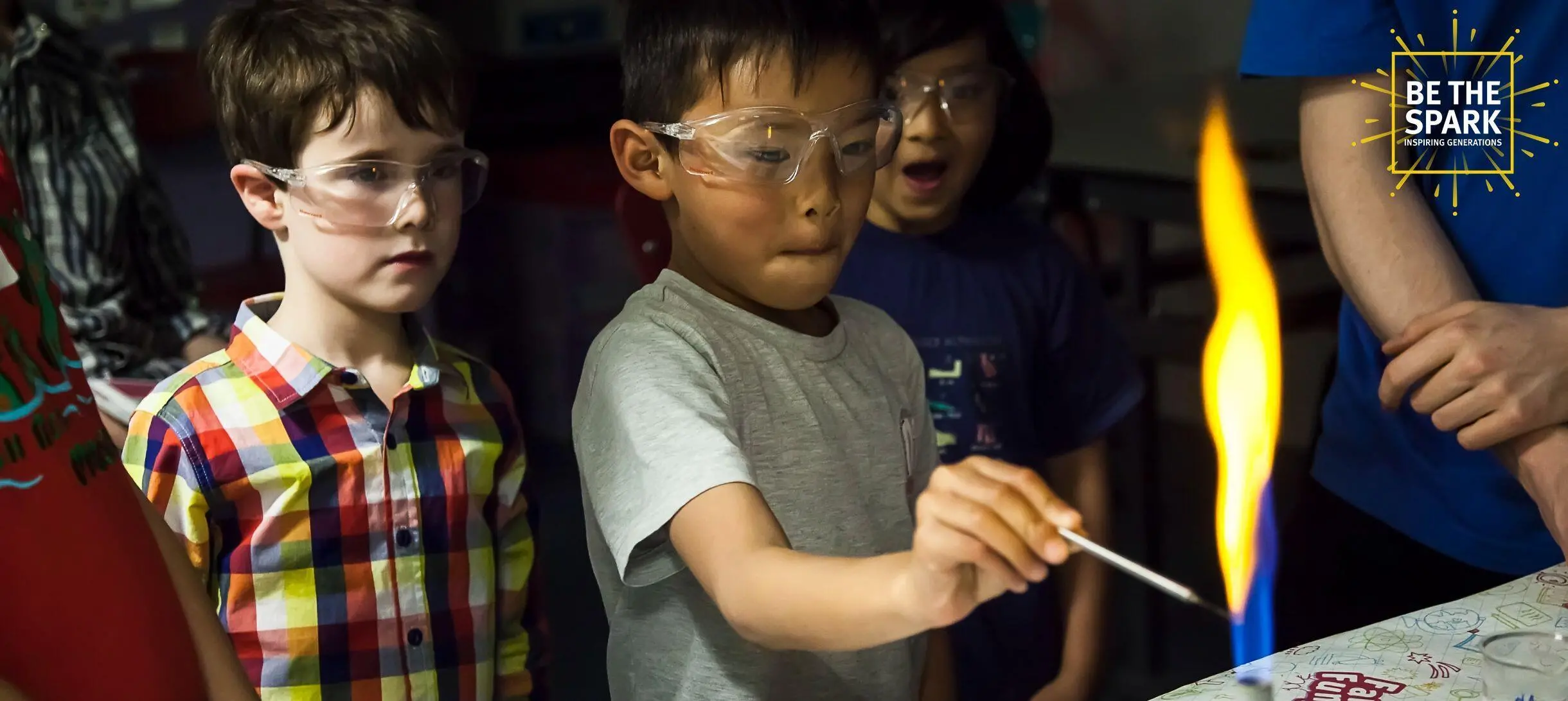 Children looking at a bunsen burner flame being lit
