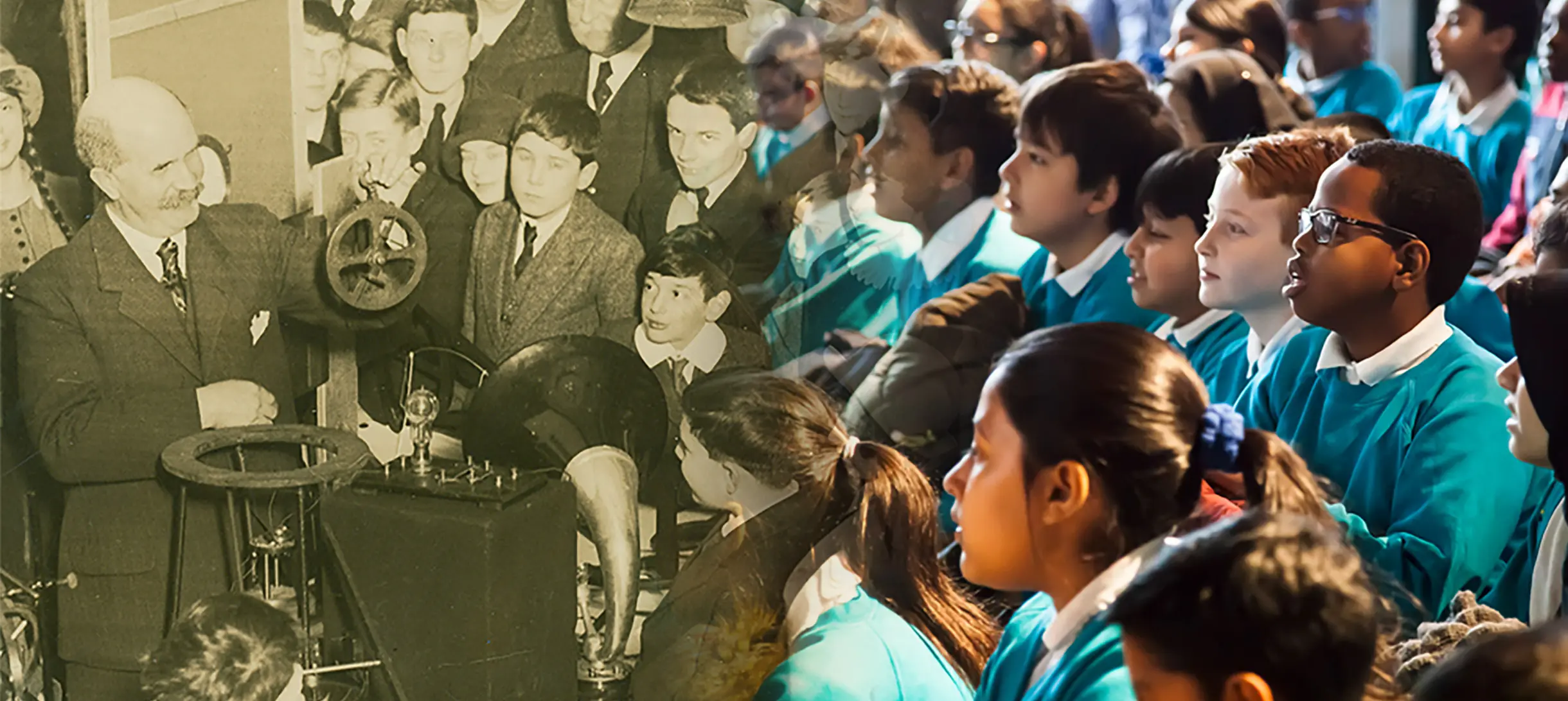 William Bragg lecturing at the Ri in 1925 and modern schoolchildren at the Ri