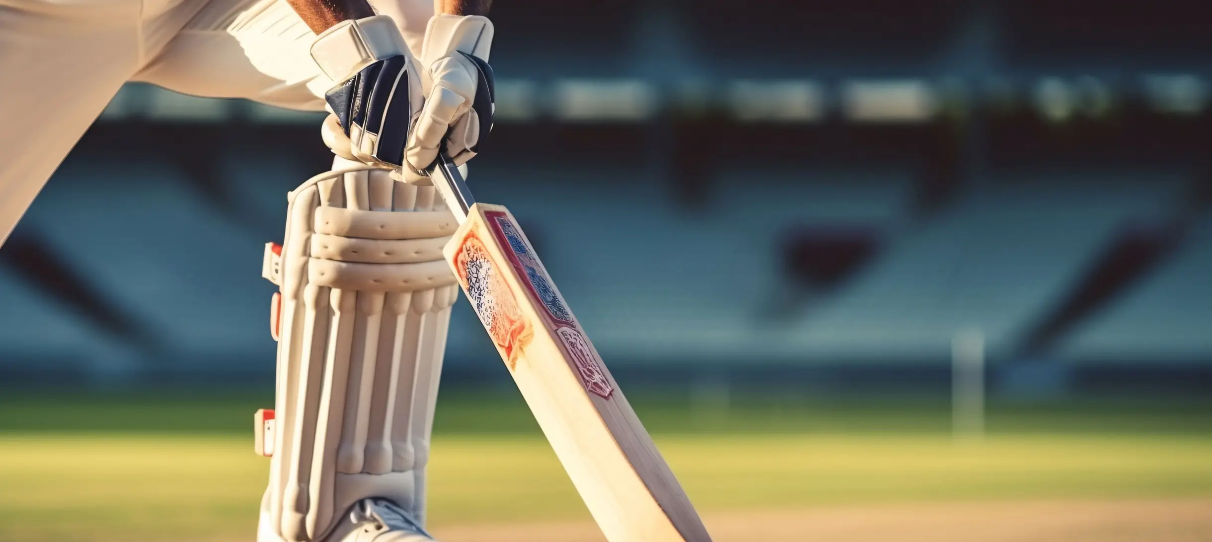 Close up of a cricketer holding a bat in a cricket ground.