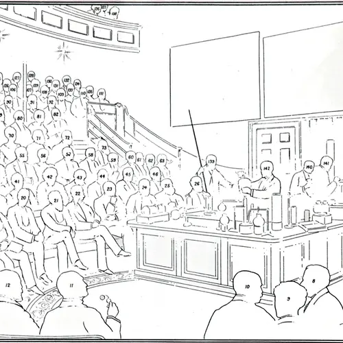 An image key, detailing the people in the image of James Dewar's lecture