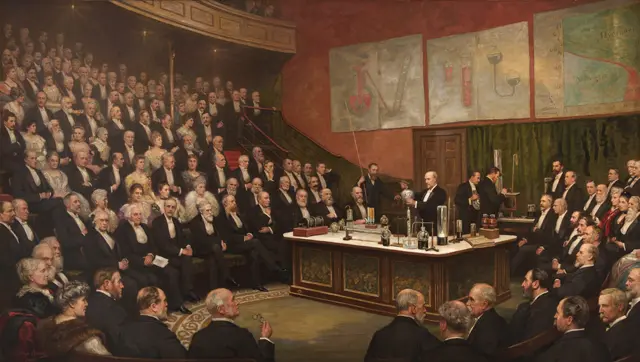 Painting of James Dewar giving a Friday Evening Discourse in 1904