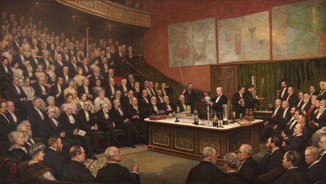 Painting of James Dewar giving a Friday Evening Discourse in 1904
