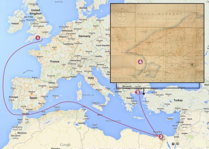 Robert’s journey: 1)Plymouth, 1 July 1915. 2)Alexandria, 12 July 1915. 3)Lemnos, 1 August 1915 4)Anfarta Bay (Gallipoli Peninsula), 9 August 1915.