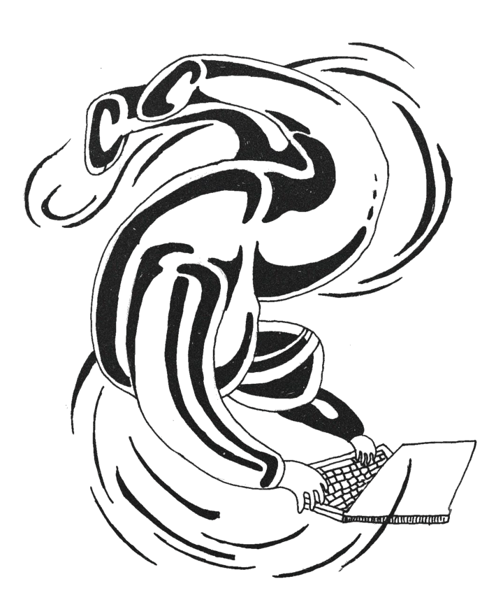 Black and white illustration of an astronaut floating in zero gravity, typing on a laptop