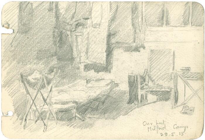 Robert’s sketch of his unit’s hut at Milford training camp, 29 May 1915