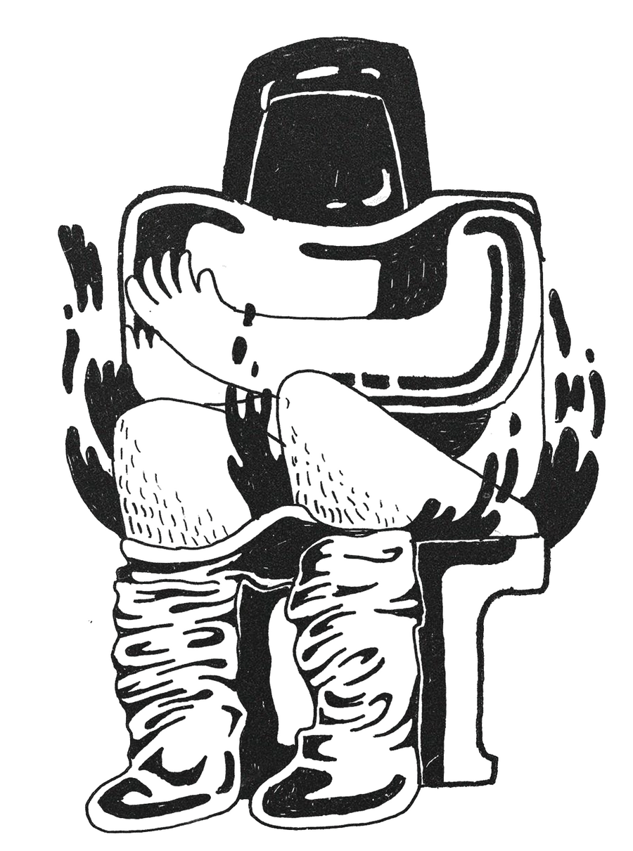 Black and white illustration of an astronaut in a spacesuit, trousers down, sitting on the loo