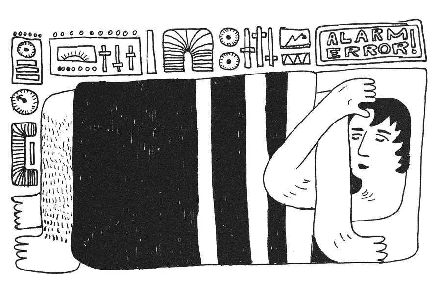 Black and white illustration of a person squished in a tiny space, surrounded by electronic equipment
