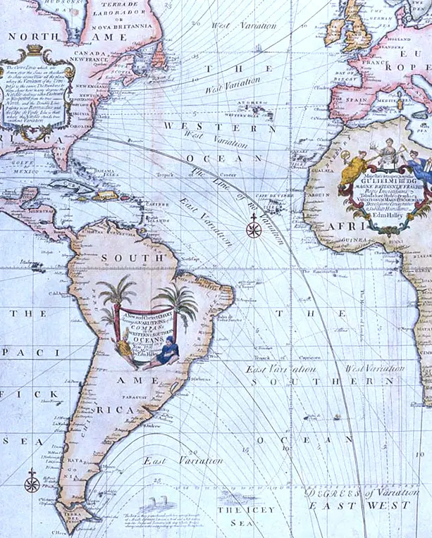 Edmond Halley’s New and Correct Chart Shewing the Variations of the Compass (1701), the first chart to show lines of equal magnetic variation.