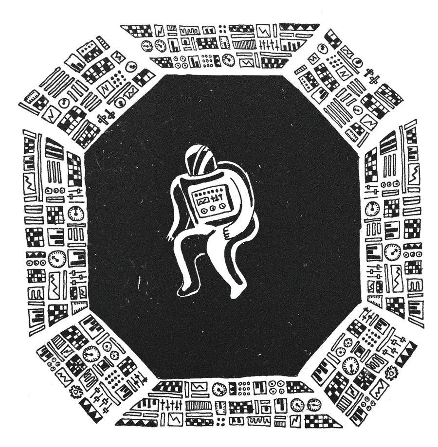 Black and white illustration of an astronaut floating in front of a window in a space station