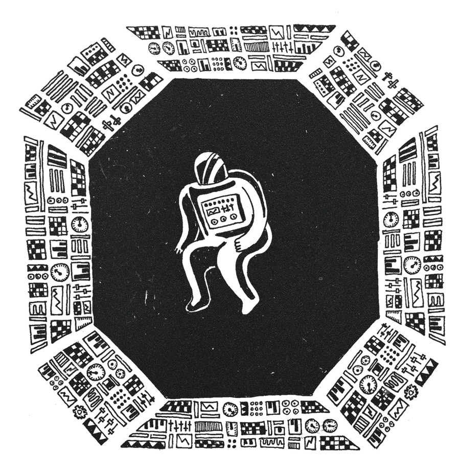 Black and white illustration of an astronaut floating in front of a window in a space station