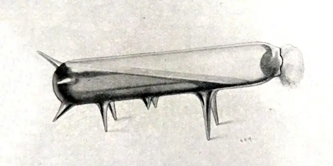 Illustration of the artificial wound, a spiky glass tube. The spikes represent the shrapnel in the wound