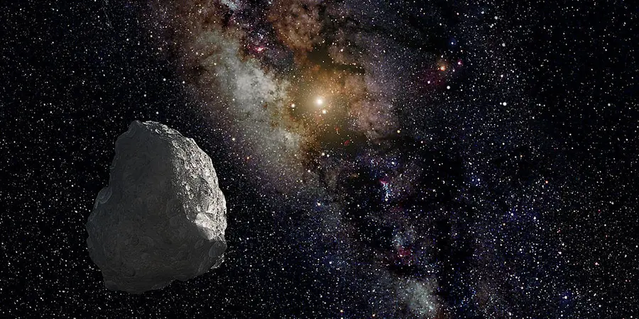 Artist impression of the Kuiper belt, showing an asteroid close to the point of view