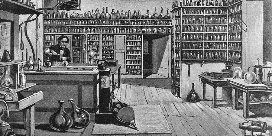 Black and white illustration of Faraday in his lab at the Ri