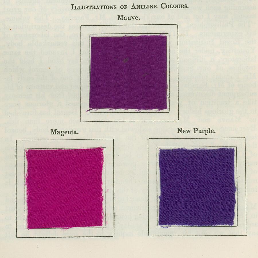 Three dye samples on squares glued onto paper, in varying shades of ping/purple