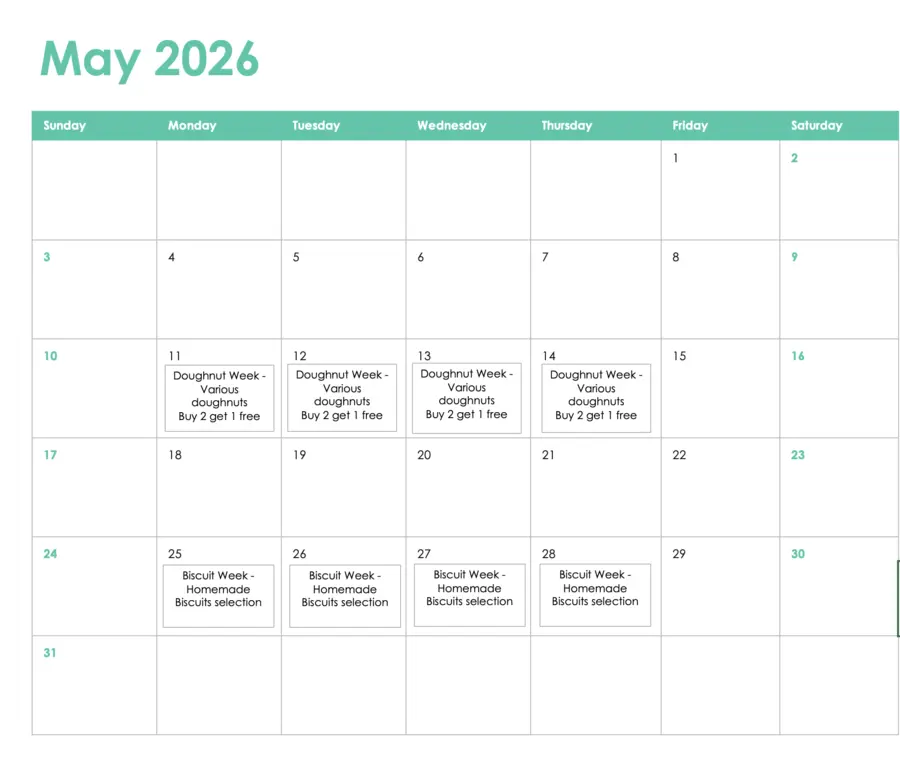 May calendar for Cafe offers