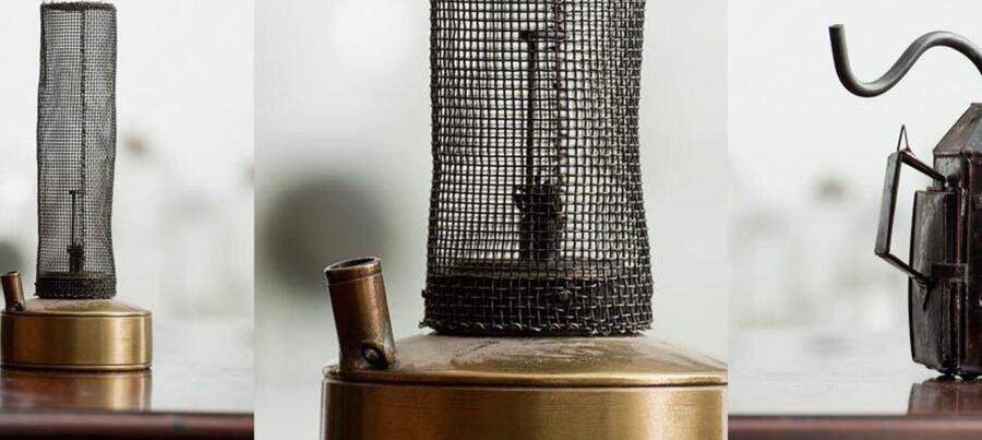 Three photos of Humphry Davy's lmap showing the mesh wiring