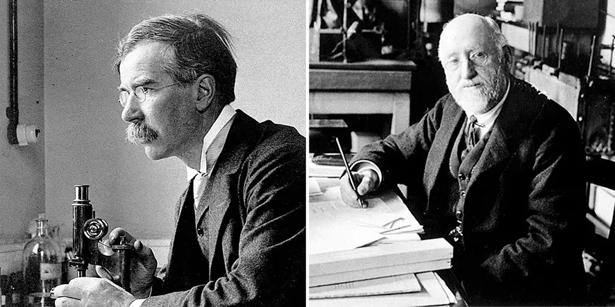 Black and white photographs of Wright and Bayliss at work