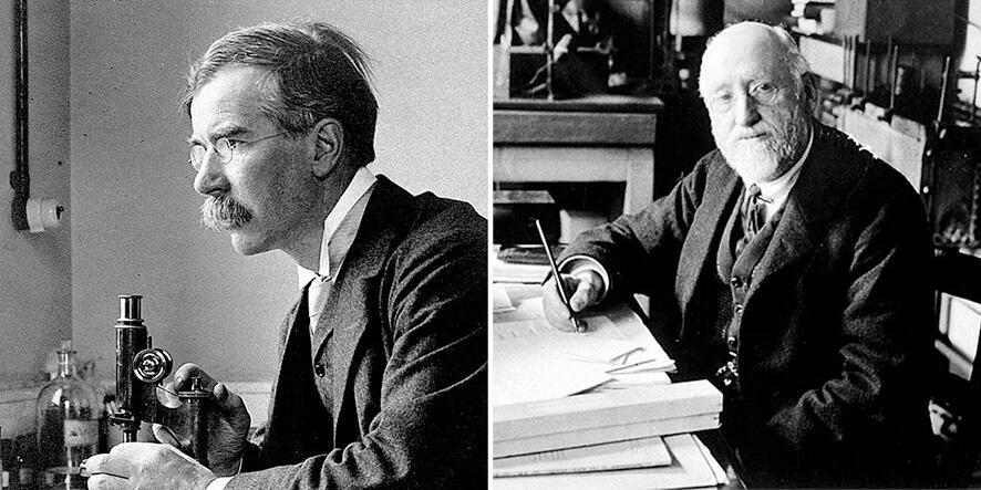 Black and white photographs of Wright and Bayliss at work