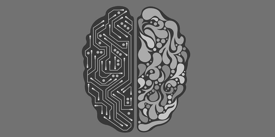 An illustration of a brain with computer-like wiring on one side