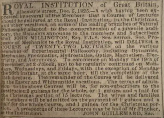 Newspaper clipping of the first Christmas Lectures advert in The Times 1825