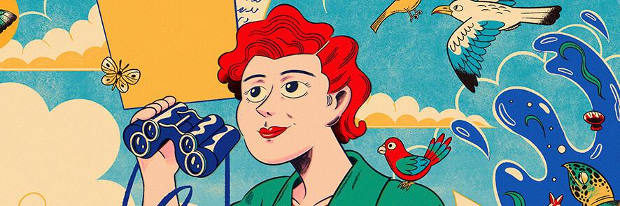 An illustration of American marine biologist Rachel Carson holding binoculars
