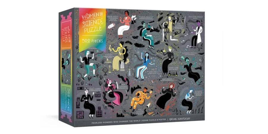 A grey box with illustrations of women in science