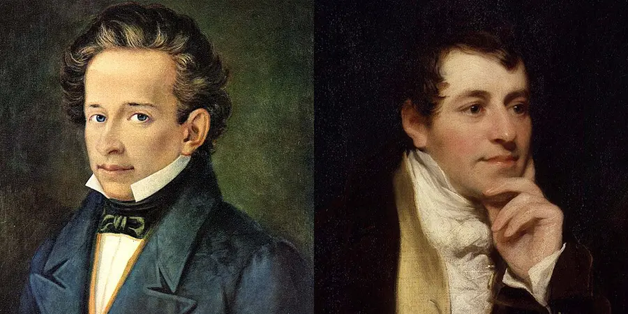 Side-by-side portraits of Leopardi and Davy