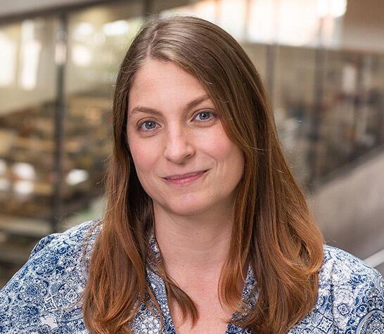 a woman with long brown hair and a blue and white patterned blouse