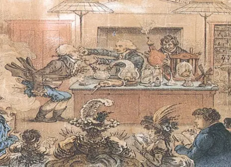 An etching of a lecture given in 1802, depicting Thomas Young or Thomas Garnett giving laughing gas (nitrous oxide) to Sir John Hippisley