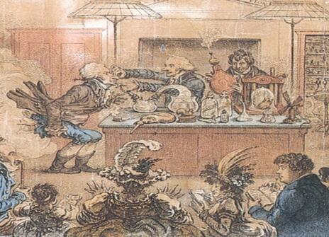 An etching of a lecture given in 1802, depicting Thomas Young or Thomas Garnett giving laughing gas (nitrous oxide) to Sir John Hippisley