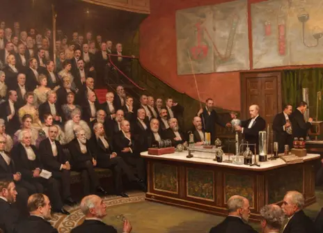 A painting depicting James Dewar lecturing on liquid hydrogen