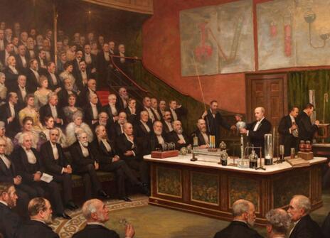 A painting depicting James Dewar lecturing on liquid hydrogen
