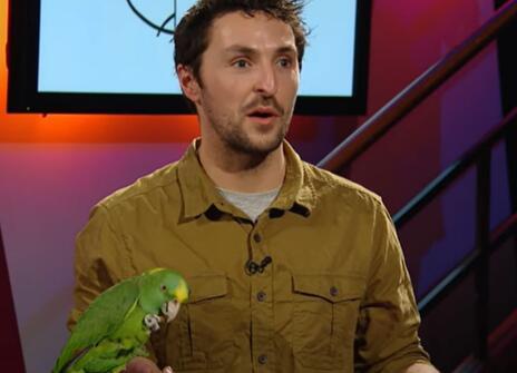 A man holding a green parrot in the Ri Theatre