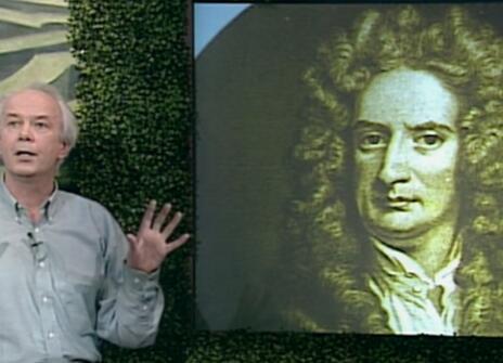 Ian Stewart gesturing with his hands held up, next to a portrait of Sir Isaac Newton
