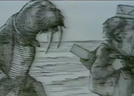 A sketch of a walrus and a man in a top hat by the sea