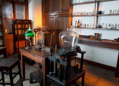 An old laboratory with wooden floor and historical apparatus