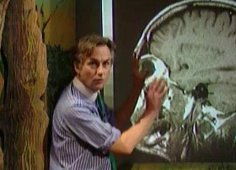 Richard Dawkins pointing at a projection of a human skull and brain