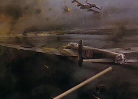 An oil painting of a fighter jet, being pointed at with a thin wooden stick