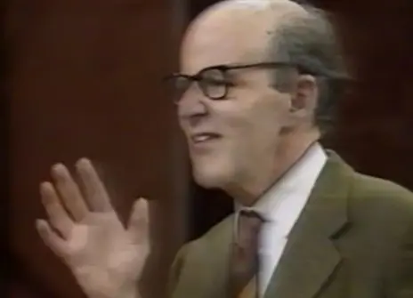 Max Perutz speaking in the Ri theatre