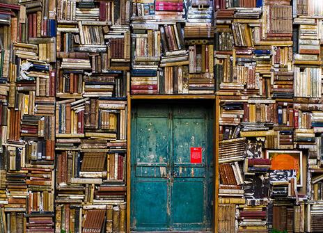 a wall of books and in it a bright teal door