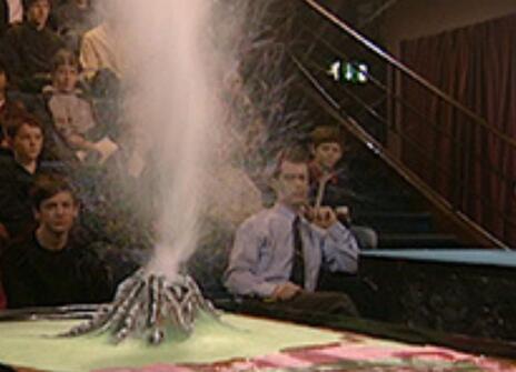 A replica of a volcano exploding