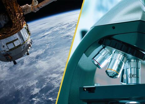 A split screen image of a satellite and a microscope