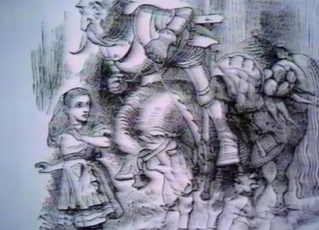 a drawing of the Alice in Wonderland story where the girl meets a moustached man riding a powerful beast