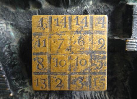 A bronze magic square on a door in the Sagrada Familia in Barcelona