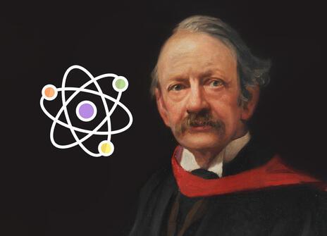 An oil painting of JJ Thomson. To his right, a digital illustration of an atom's structure